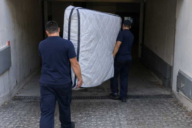 Deux déménageurs portent un grand matelas sous housse zippée, entrée de parking souterrain à hauteur limitée