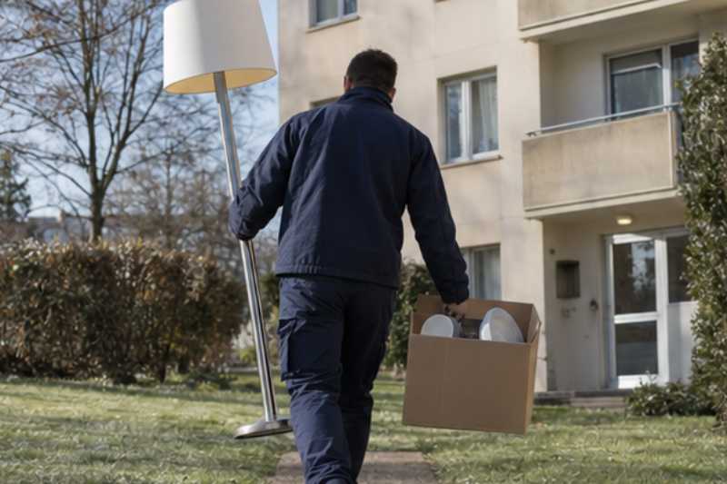 Déménageur portant un lampadaire et un carton de vaisselle, Mennecy