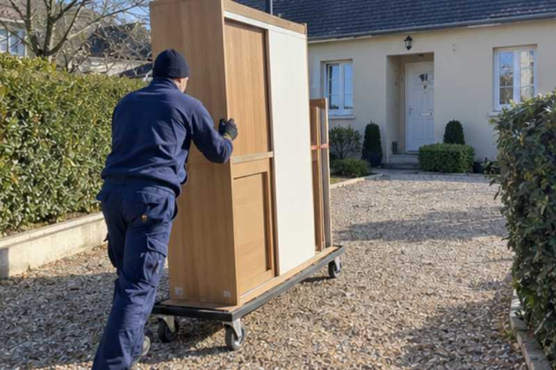 Déménageur qui roule une armoire démontée sur un chariot à plateau, Mitry-Mory