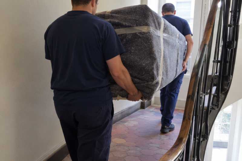 Deux déménageurs portent des meubles emballés sous couvertures, dernier palier d'un escalier sans ascenseur