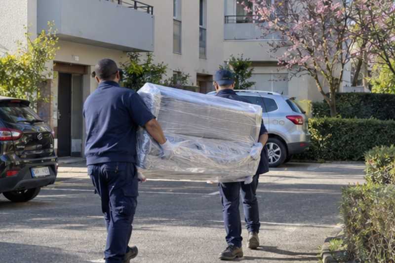 Déménageurs portant un canapé emballé sous film plastique, Montreuil