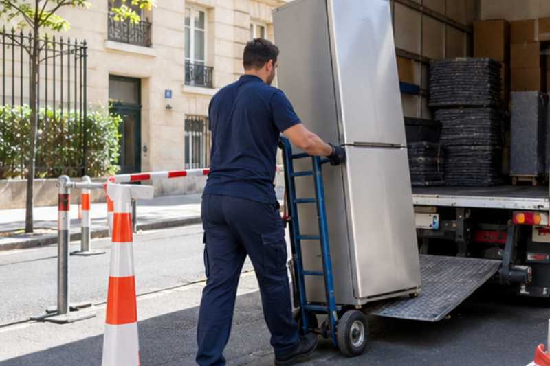 Déménageur qui roule un réfrigérateur combiné debout sur un diable, zone de chargement délimitée devant l'immeuble