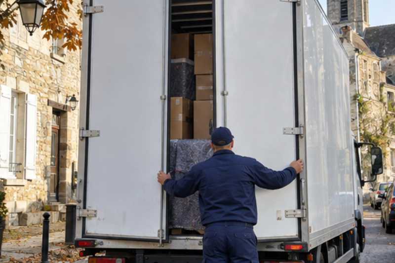 Déménageur qui ferme les portes arrière du camion chargé, Nangis