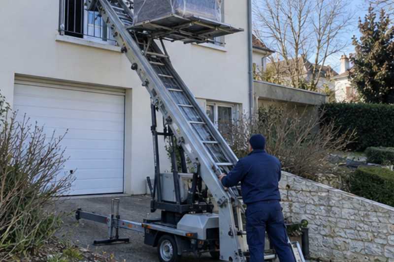 Monte-meuble déployé contre la façade, un fauteuil emballé sur la plateforme, Nangis