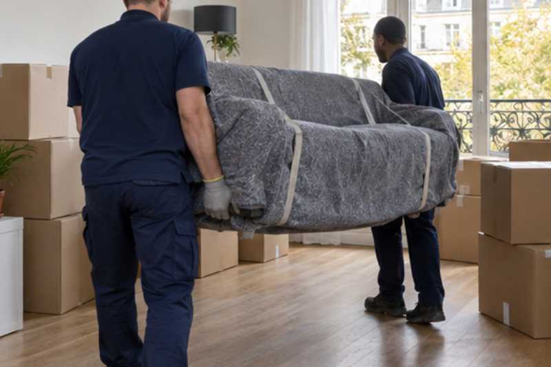 Deux déménageurs portent un canapé trois places sous couverture, appartement aux cartons fraîchement fermés
