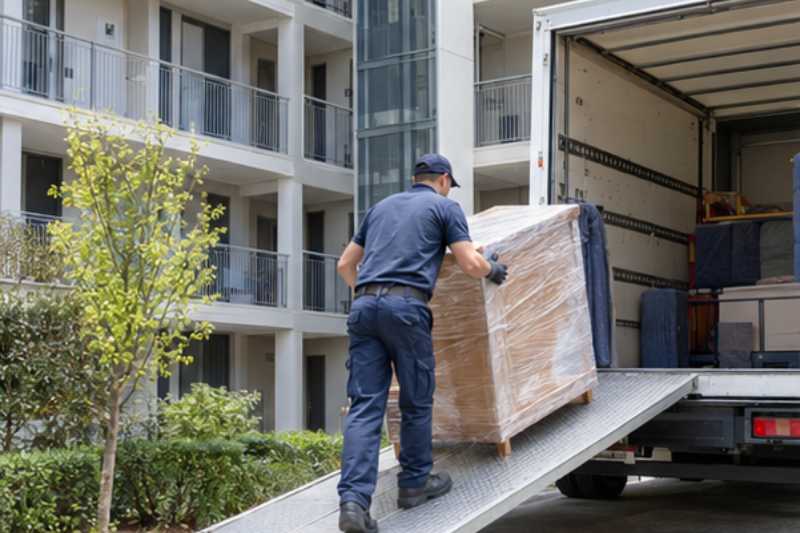 Chargement d'un buffet emballé par la rampe du camion, Nanterre