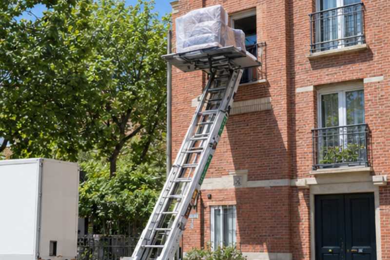 Monte-meuble déployé contre la façade, un fauteuil emballé sur la plateforme, Nanterre