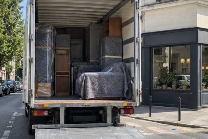 Vue arrière du camion ouvert, meubles calés sous couvertures, Neuilly-sur-Seine