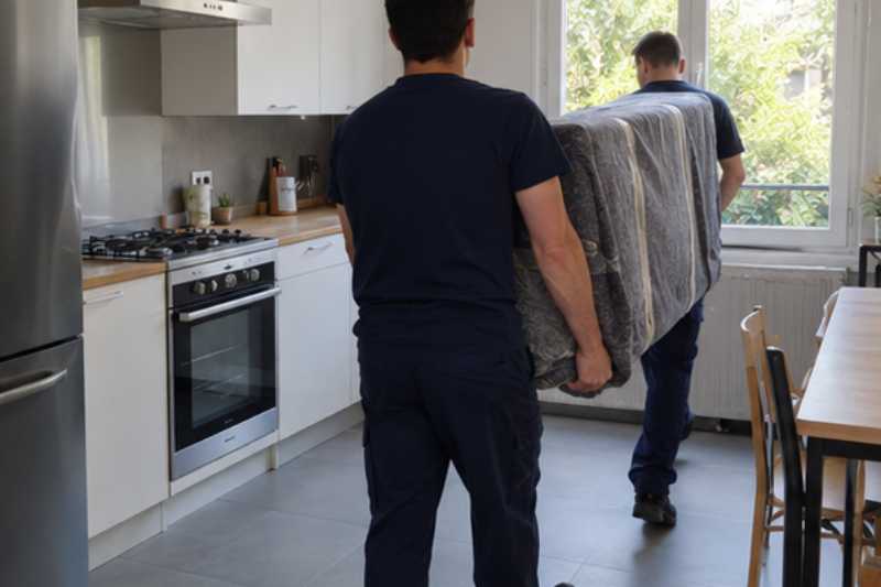 Deux déménageurs portent des meubles emballés sous couvertures, cuisine d'appartement
