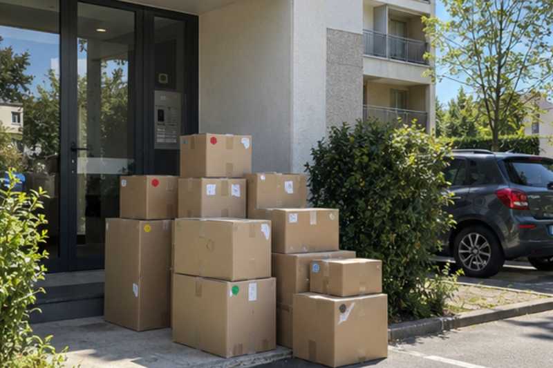 Pile de cartons fermés et étiquetés prête au pied de l'entrée, Neuilly-sur-Seine