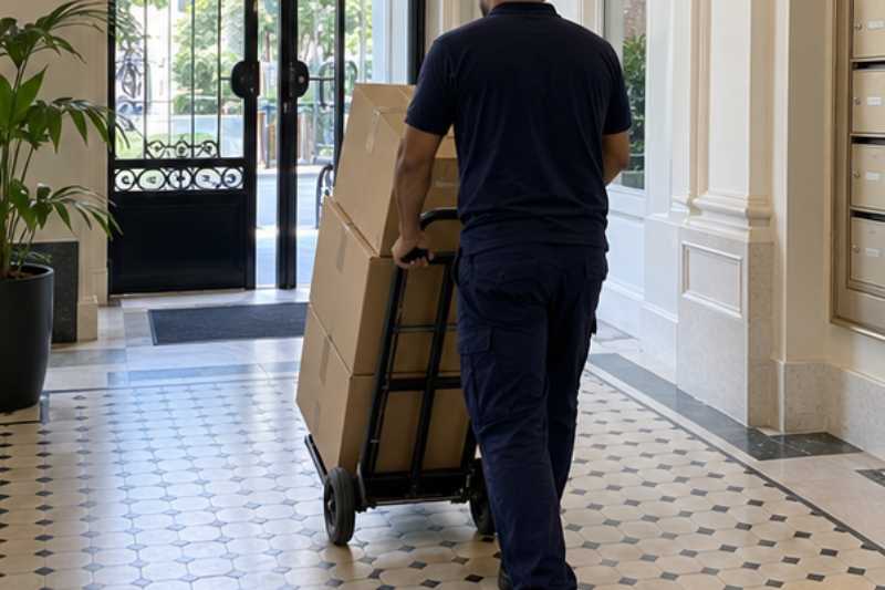Déménageur qui roule une pile de cartons fermés sur un diable, hall d'immeuble résidentiel