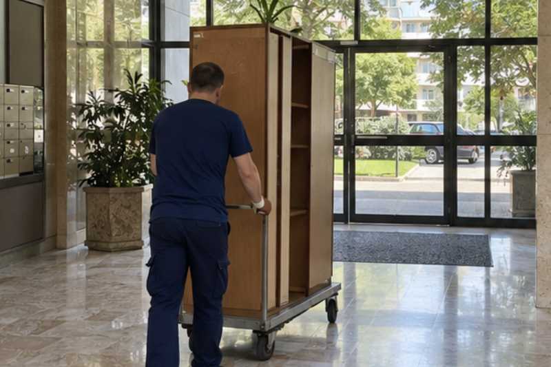 Déménageur qui roule une armoire démontée sur un chariot à plateau, Nogent-sur-Marne