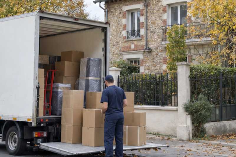Camion de déménagement blanc garé le long du trottoir, hayon abaissé, cartons alignés, Noisy-le-Grand
