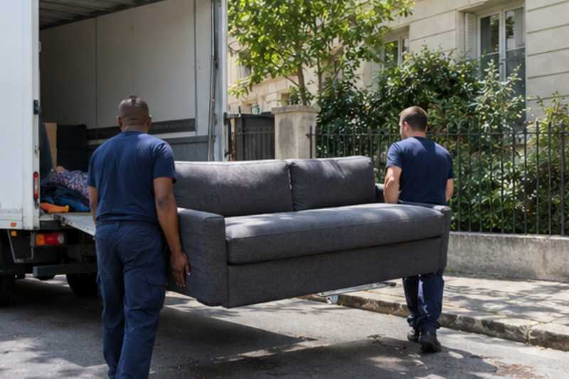 Deux déménageurs manœuvrent un canapé convertible lourd, rue résidentielle d'Île-de-France devant un immeuble