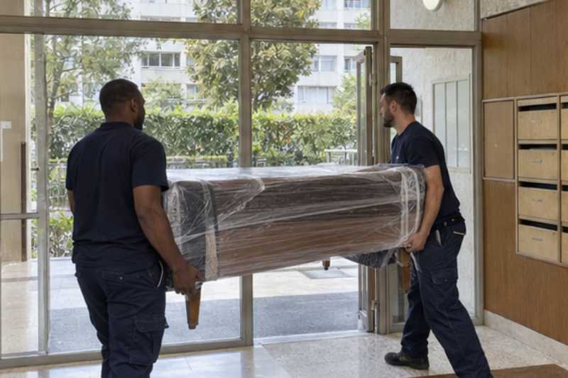 Deux déménageurs sortent une table en bois emballée, Noisy-le-Grand