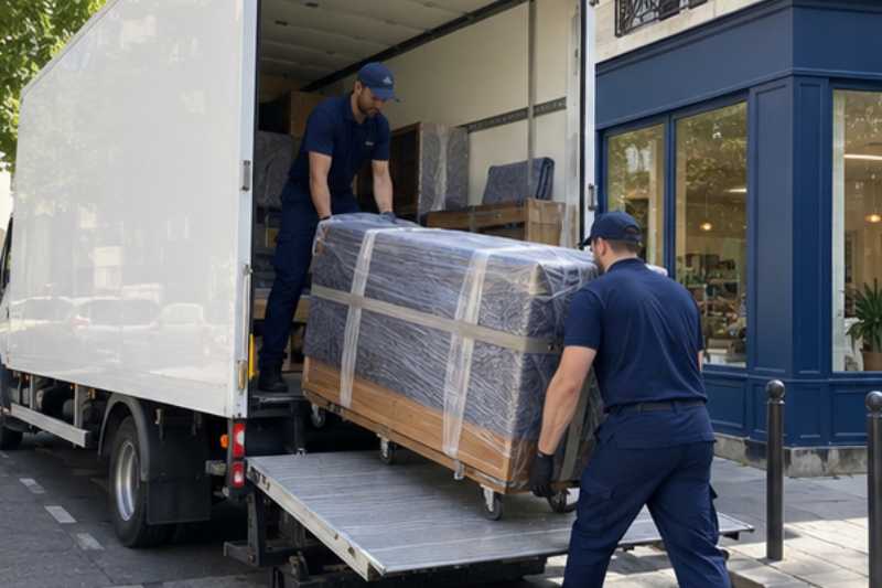 Chargement d'un buffet emballé par la rampe du camion, Noisy-le-Sec