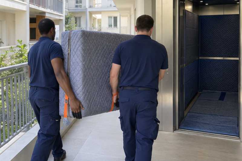 Déménageurs portant un matelas protégé par une housse, Noisy-le-Sec