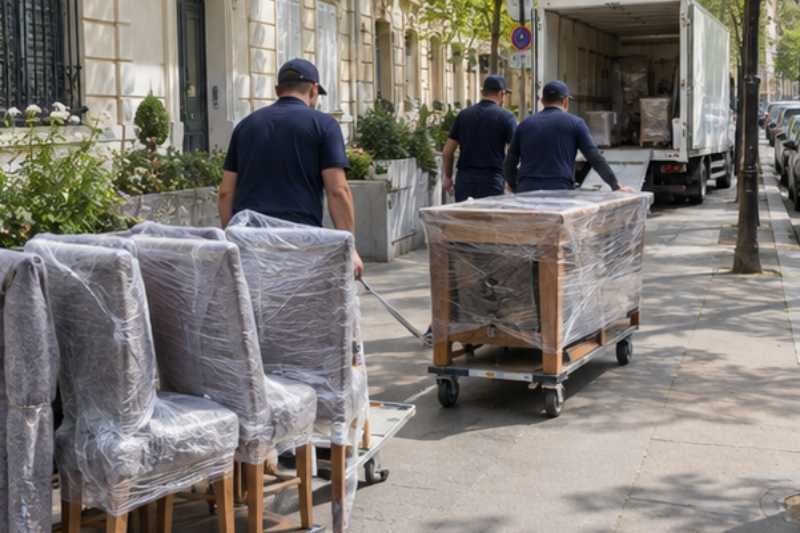 Déménageurs qui chargent une table en bois et six chaises emballées, trottoir, camion garé sur une place de livraison au loin