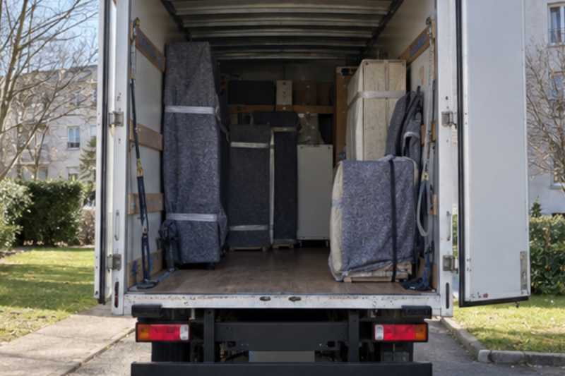 Vue arrière du camion ouvert, meubles calés sous couvertures, Orsay