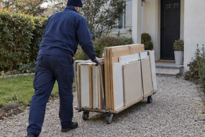 Déménageur qui roule une armoire démontée sur un chariot à plateau, Orsay
