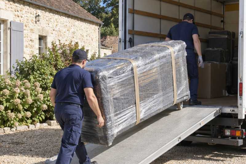 Chargement d'un buffet emballé par la rampe du camion, Othis