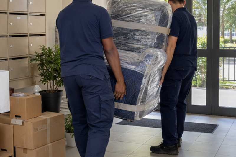 Deux déménageurs portent un fauteuil releveur emballé, entrée d'appartement avec des cartons de livres empilés