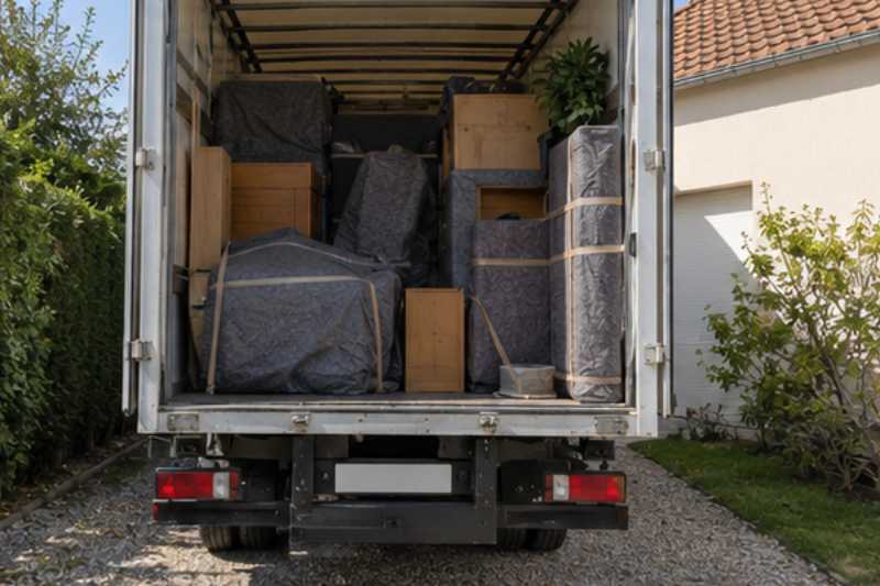 Vue arrière du camion ouvert, meubles calés sous couvertures, Palaiseau