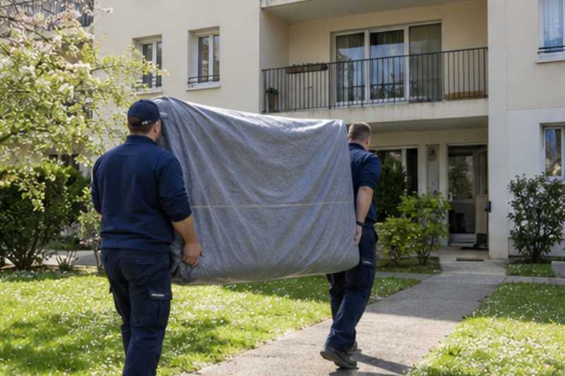 Déménageurs portant un matelas protégé par une housse, Palaiseau