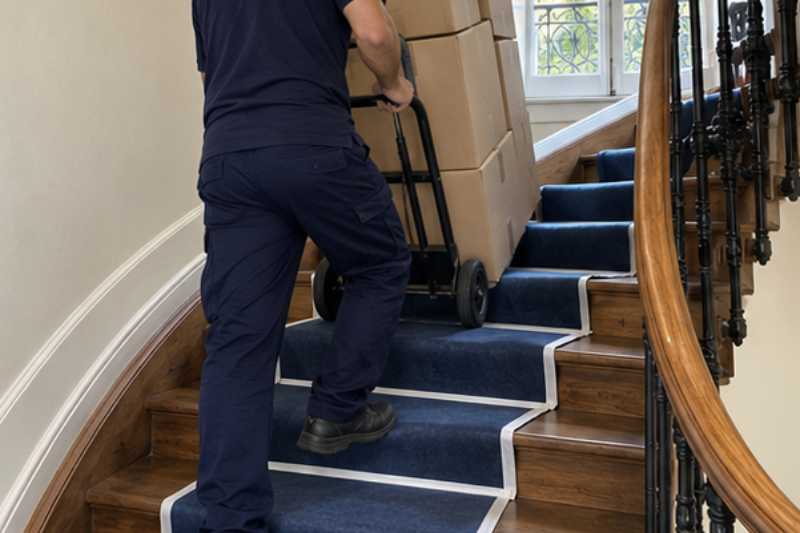 Déménageur qui roule une pile de cartons fermés sur un diable, escalier ancien en bois aux marches couvertes de protections