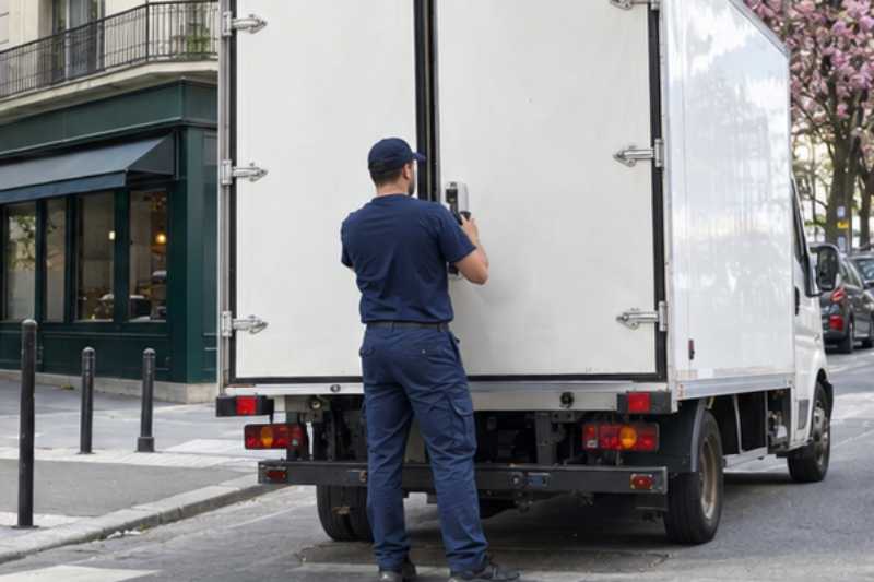 Déménageur qui ferme les portes arrière du camion chargé, Pantin