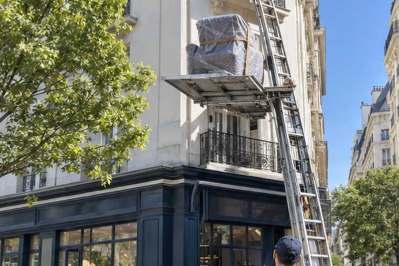 Monte-meuble déployé contre la façade, un fauteuil emballé sur la plateforme, Pantin