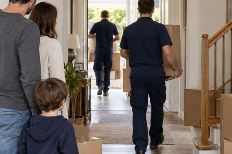 Famille qui regarde des déménageurs porter des cartons dans une maison, personnes de dos