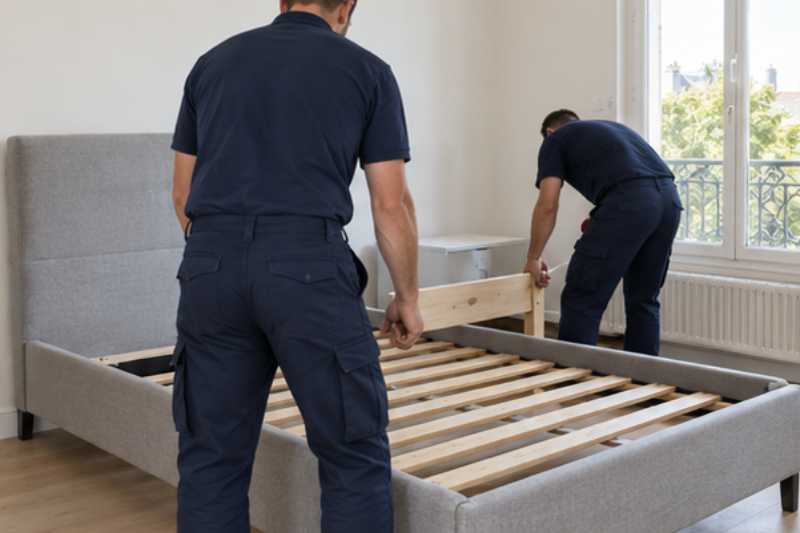 Déménageurs qui remontent un lit dans une chambre vide aux murs clairs