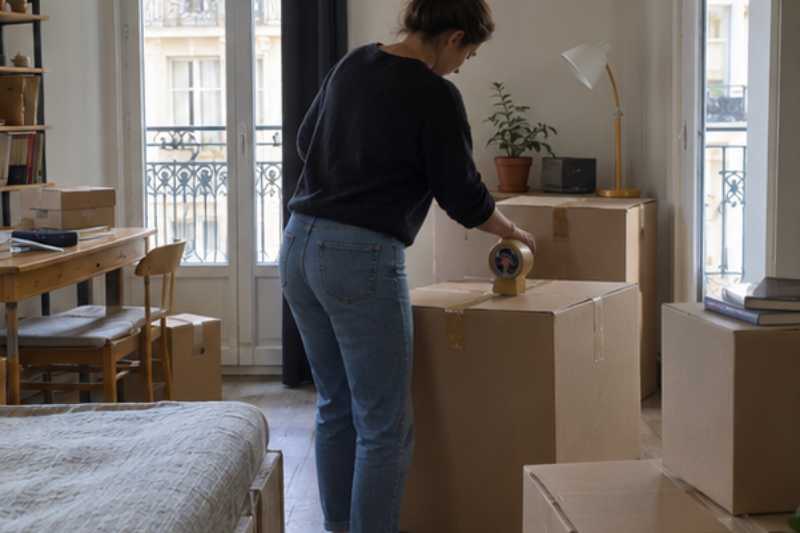 Client qui ferme lui-même ses cartons dans un studio avant l'arrivée de l'équipe