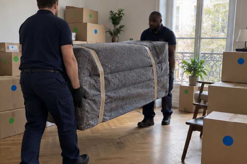Deux déménageurs portent des meubles emballés sous couvertures, salon rempli de cartons étiquetés de deux couleurs