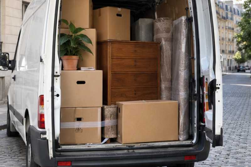 Petit camion utilitaire chargé de quelques cartons et d'une commode