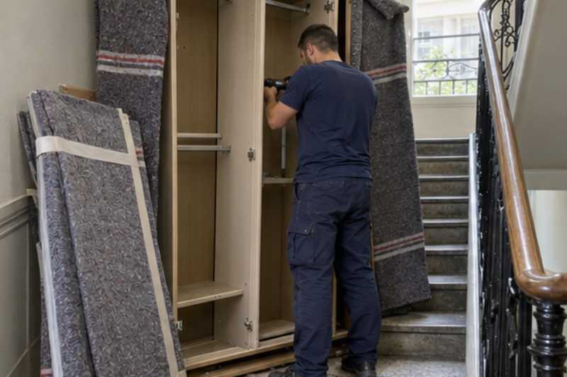 Déménageur qui démonte une armoire trois portes, panneaux protégés par des couvertures, escalier étroit d'immeuble