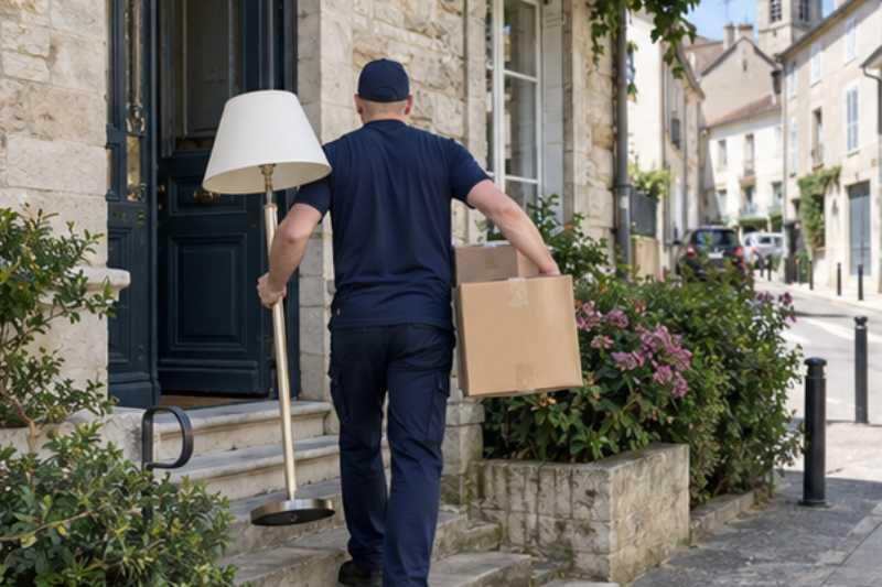 Déménageur portant un lampadaire et un carton de vaisselle, Persan