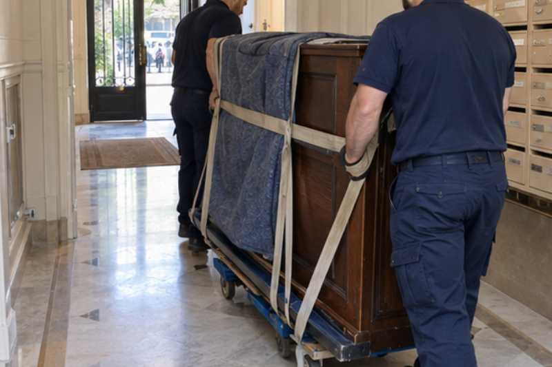 Déménageurs qui descendent un piano droit sanglé sur une luge, hall d'immeuble résidentiel