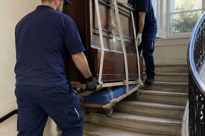 Déménageurs qui descendent un piano droit sanglé sur une luge dans un escalier