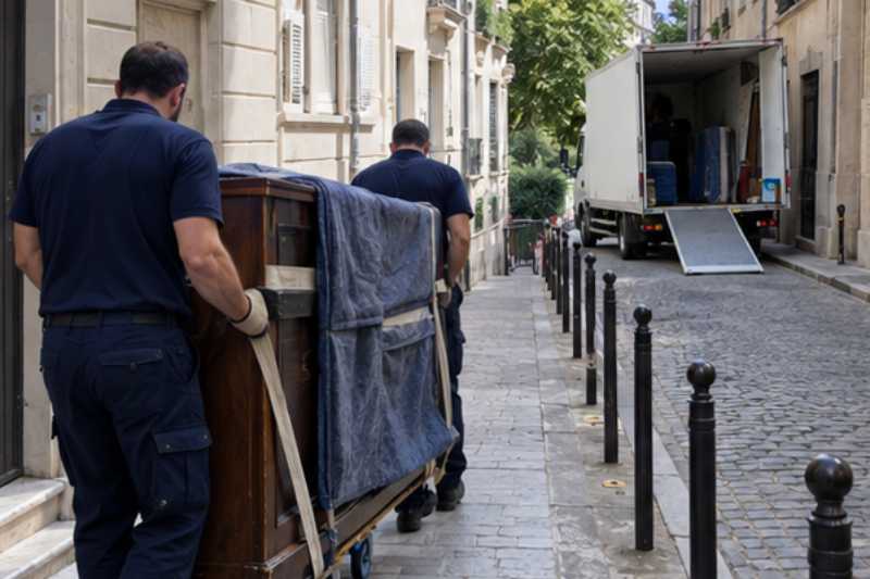 Déménageurs qui descendent un piano droit sanglé sur une luge, rue étroite, camion blanc garé plus loin