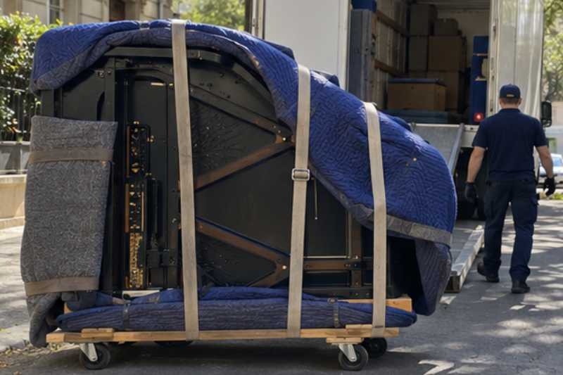 Piano à queue couché sur une planche de transport, protégé par des couvertures