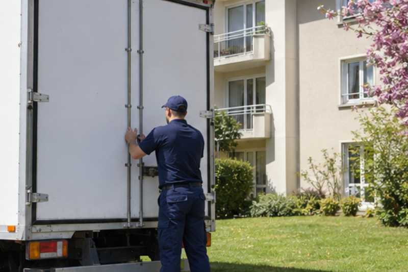 Déménageur qui ferme les portes arrière du camion chargé, Poissy