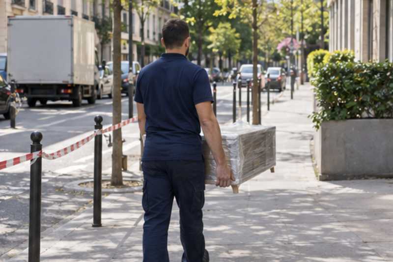 Déménageur qui porte un meuble TV bas entouré de film, trottoir urbain dégagé par un balisage léger