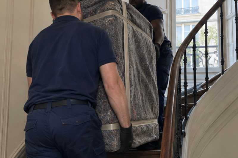 Deux déménageurs portent des meubles emballés sous couvertures, escalier étroit d'immeuble