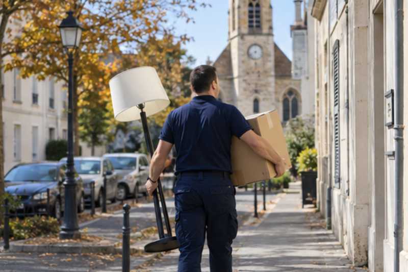 Déménageur portant un lampadaire et un carton de vaisselle, Poissy