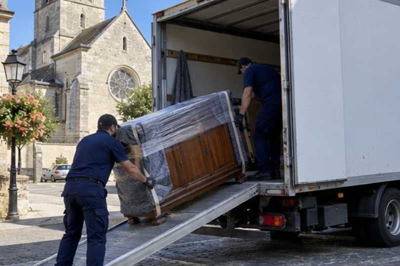 Chargement d'un buffet emballé par la rampe du camion, Pontault-Combault