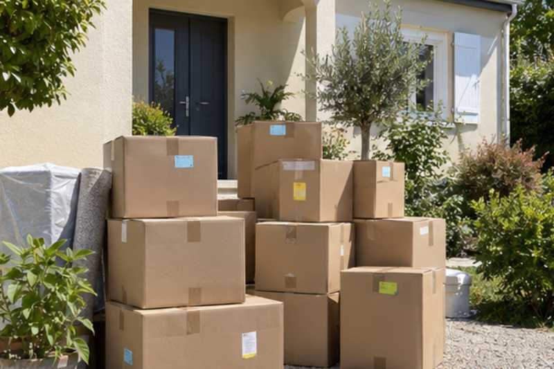 Pile de cartons fermés et étiquetés prête au pied de l'entrée, Pontault-Combault