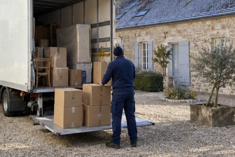 Camion de déménagement blanc garé le long du trottoir, hayon abaissé, cartons alignés, Pontoise