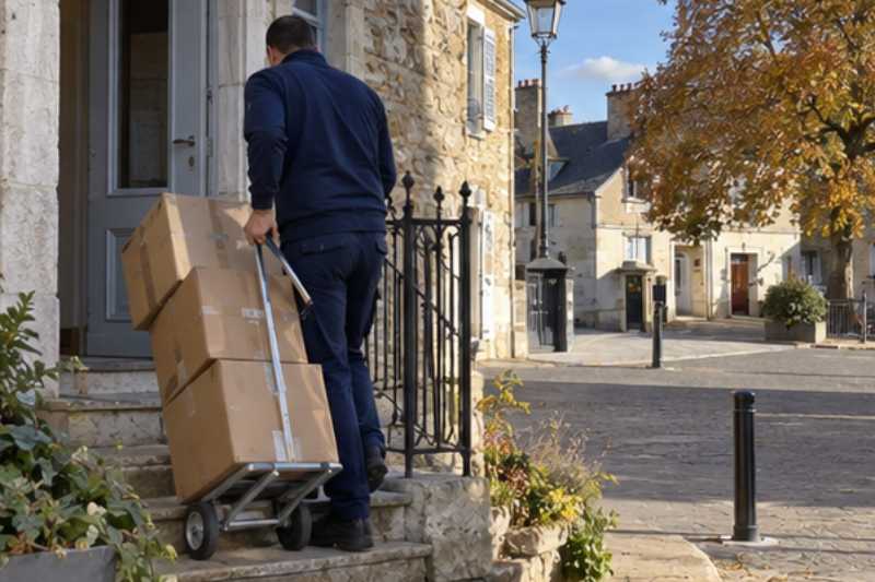 Un déménageur descend des cartons empilés sur un diable, Pontoise